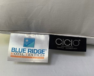 Tags on pillow labeled Blue Ridge Hotel Textiles and CiCLO®